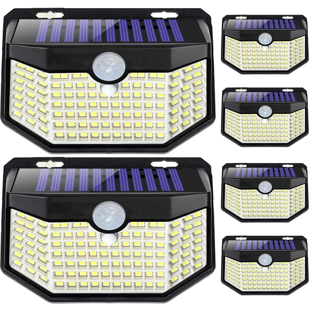 Six black rectangular solar wall lights with clear prismatic lenses and front buttons
