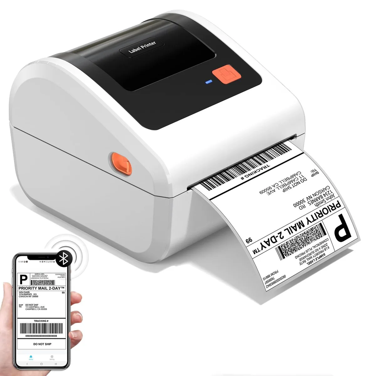 White compact label printer with built-in roll holder, 18.5 by 16 by 13.6 cm