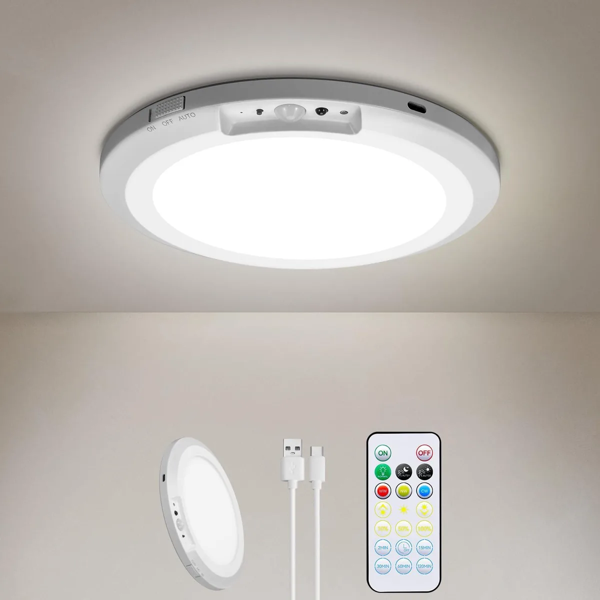 White flush-mount ceiling light, 7.08 inch round plastic body with clear prismatic diffuser, magnetic base and remote control included