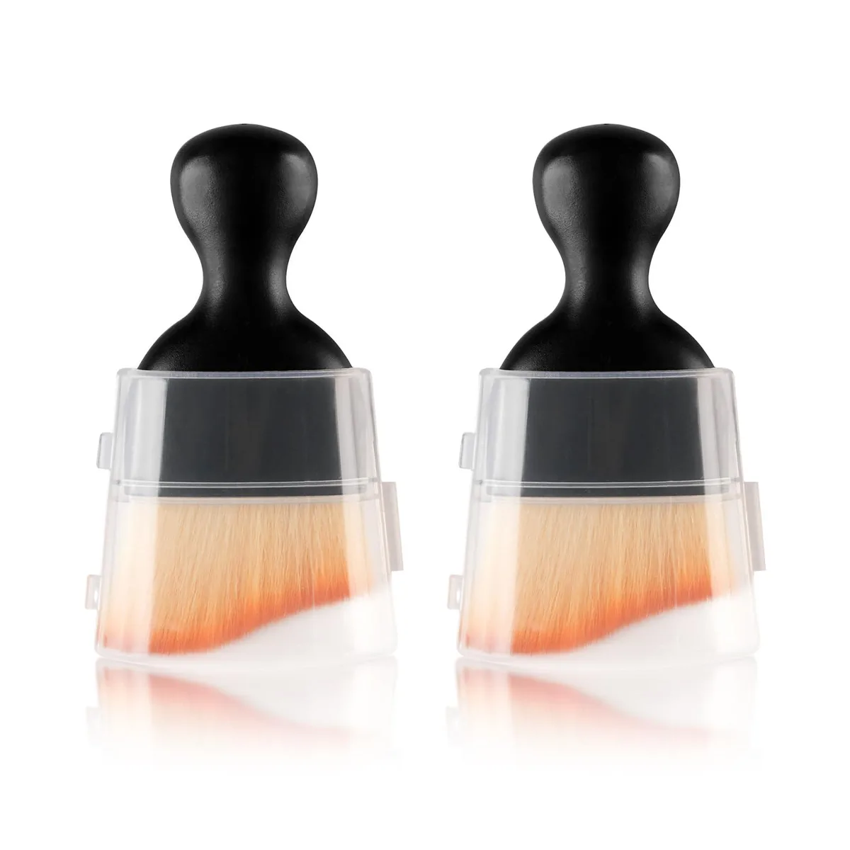 Two curved soft-bristle interior brushes with protective covers, light grey finish