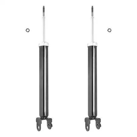 Two silver metal shock absorbers with cylindrical bodies and mounting eyelets