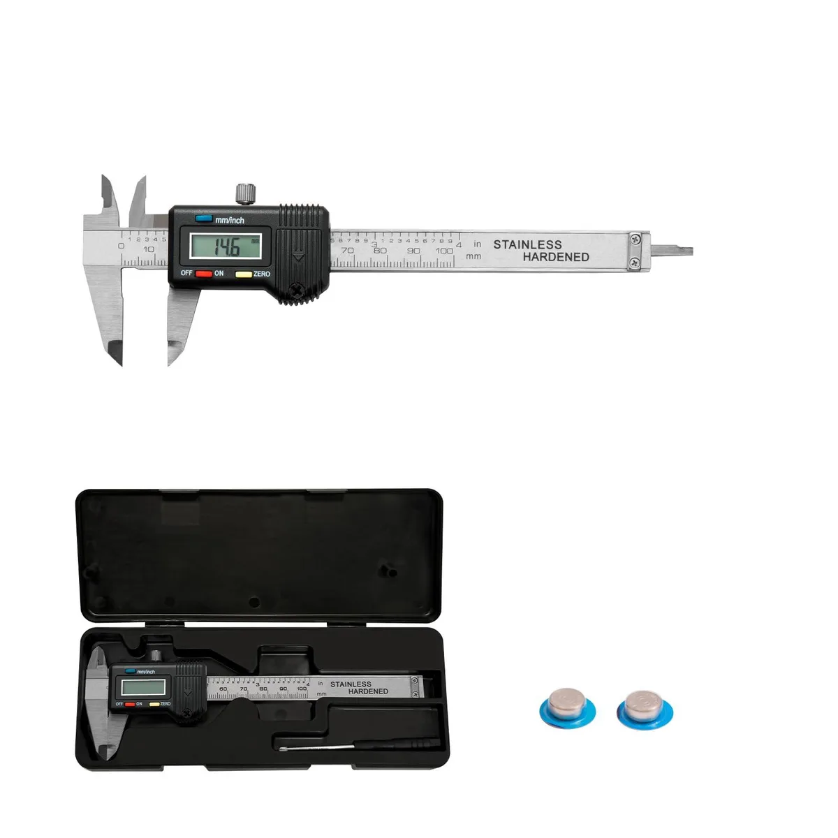 Black stainless steel digital caliper with large backlit LCD display, sliding jaws and depth rod