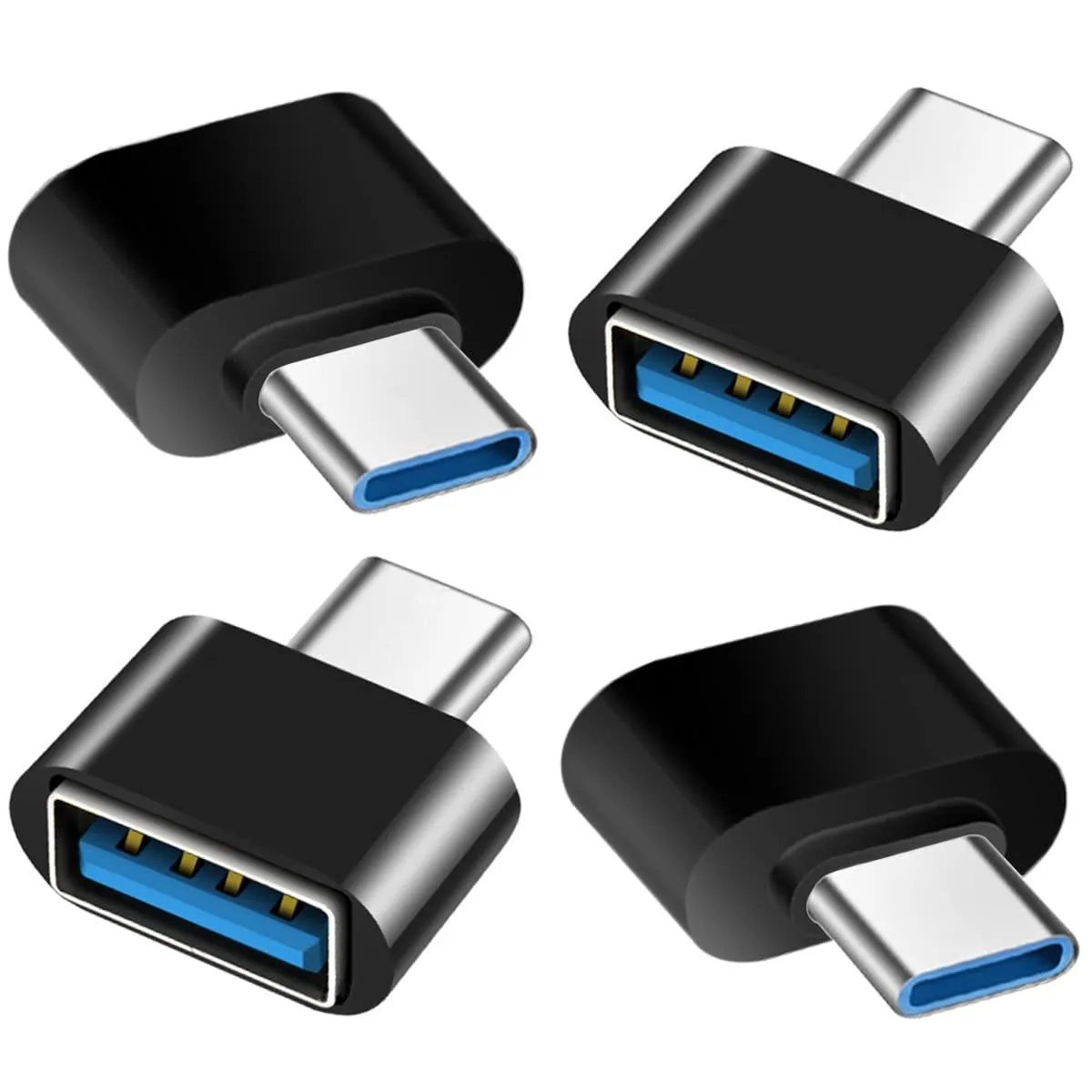 Four small black plastic USB-A female to USB-C male adapters