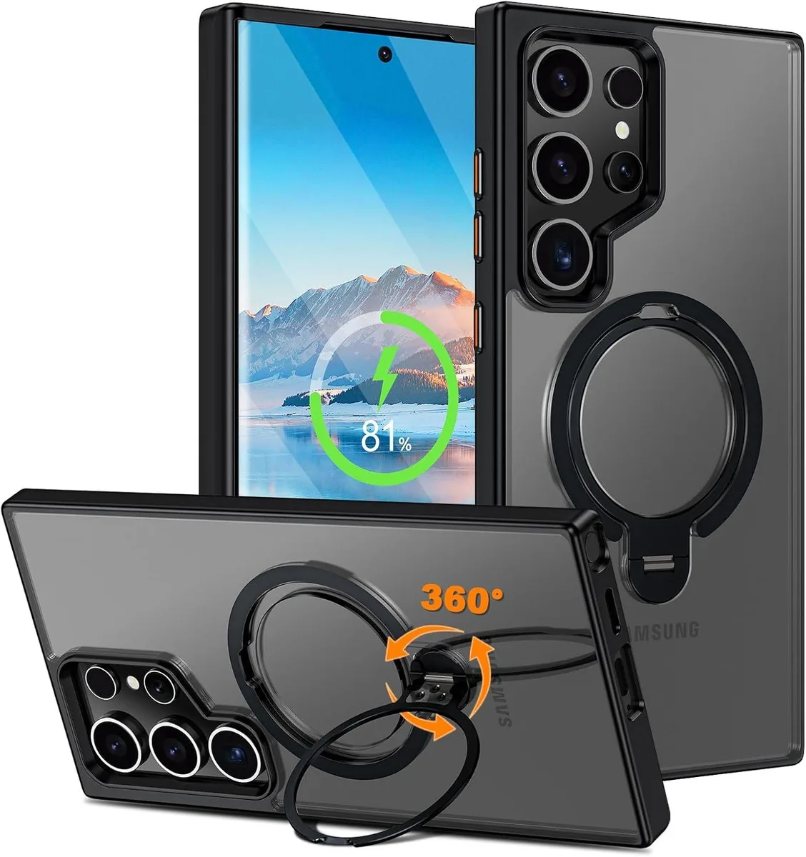 BONAEVER BONAEVER Samsung Galaxy S24 Ultra Case 6.8 inch Black 360° Ring Kickstand MagSafe Translucent Matte — product photo