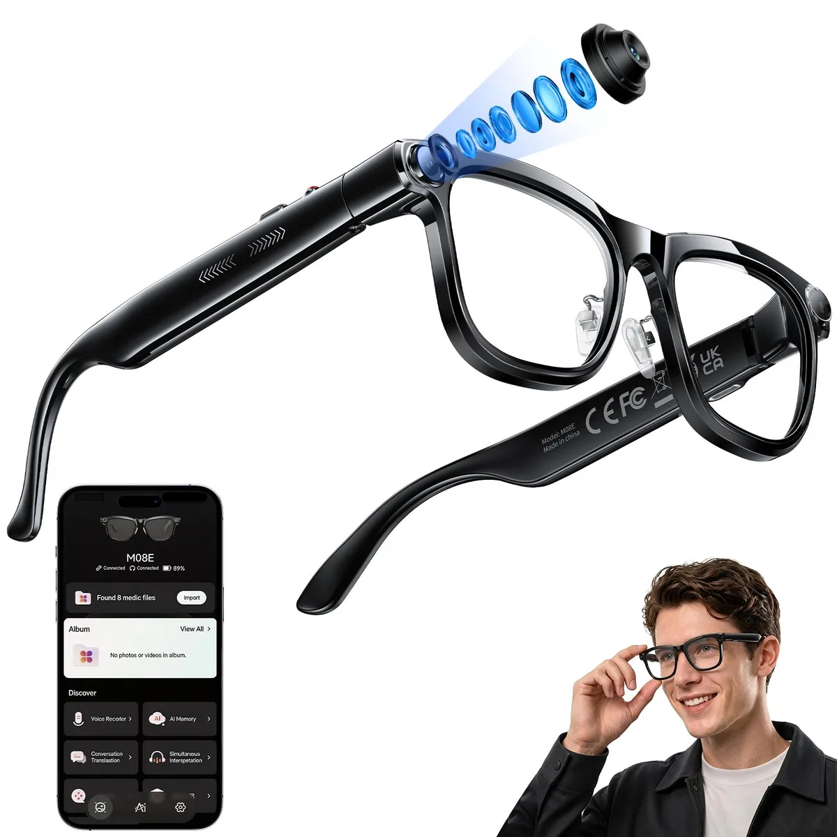 NIPOGI NIPOGI M08E AI Smart Audio Glasses 1080P Camera Bluetooth 5.4 — product photo