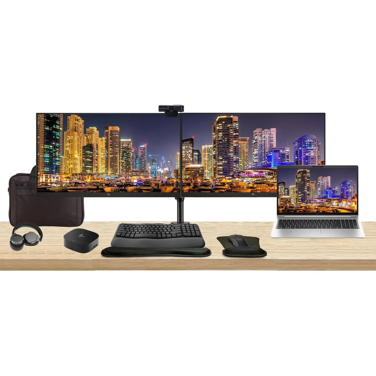 HP HP ProBook 455 G10 15.6" Ryzen 5 8GB 256GB SSD Bundle 2×27" Monitors Dock MK670 Webcam Headphones Bag — product photo