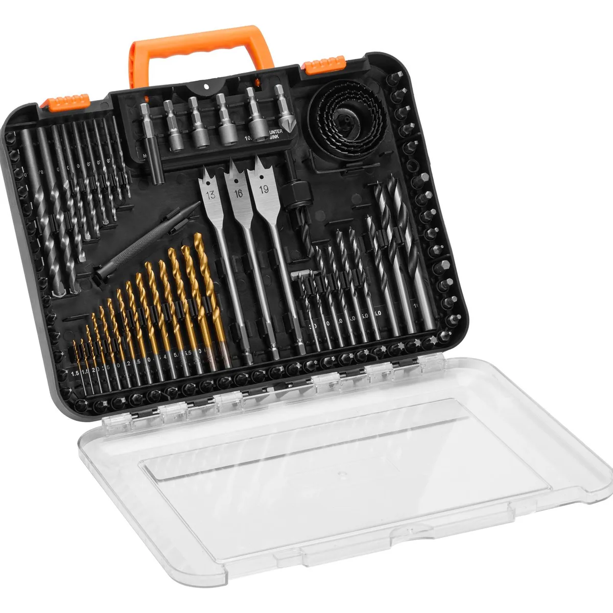 100-piece drill and driver bit set in organised carrying case