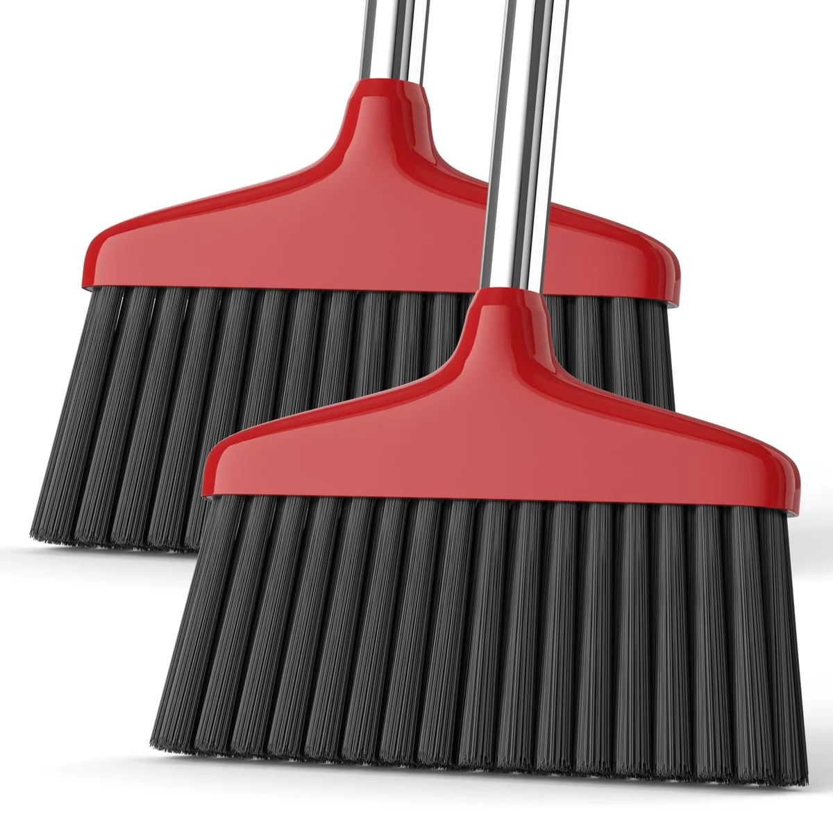 Two red brooms with stainless steel handles and hanging hooks