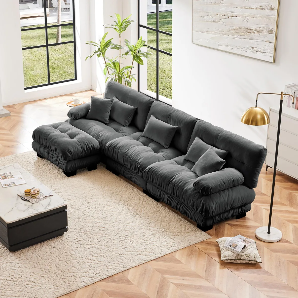 Gray chenille L-shaped modular sectional with deep seats and convertible ottoman