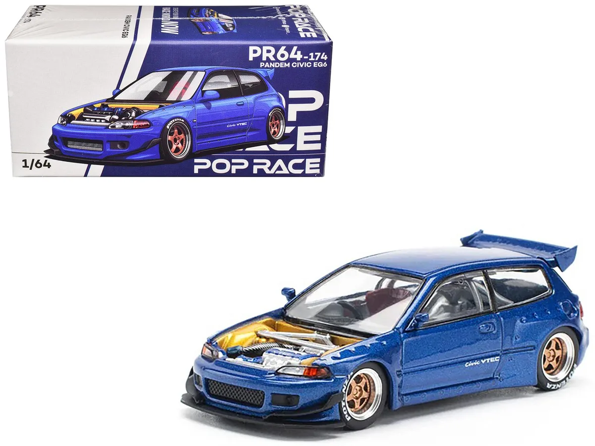 Pop Race Pop Race Pandem Civic EG6 VTEC RHD Blue Metallic No Hood 1/64 Diecast Hobby Collectible — product photo