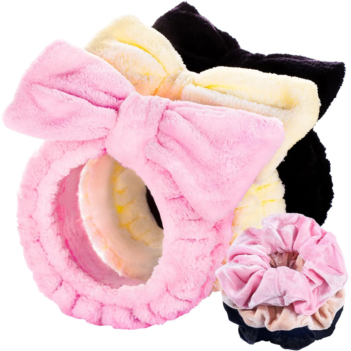  LEOBRO Spa Headband &amp; Scrunchies Set 3+3 Pink Black Creamy White — product photo