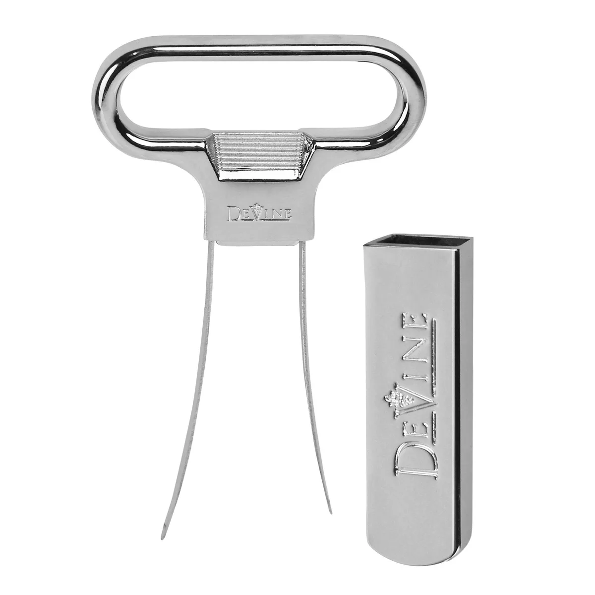 Stainless steel two-prong wine opener with integrated bottle opener and protective sheath
