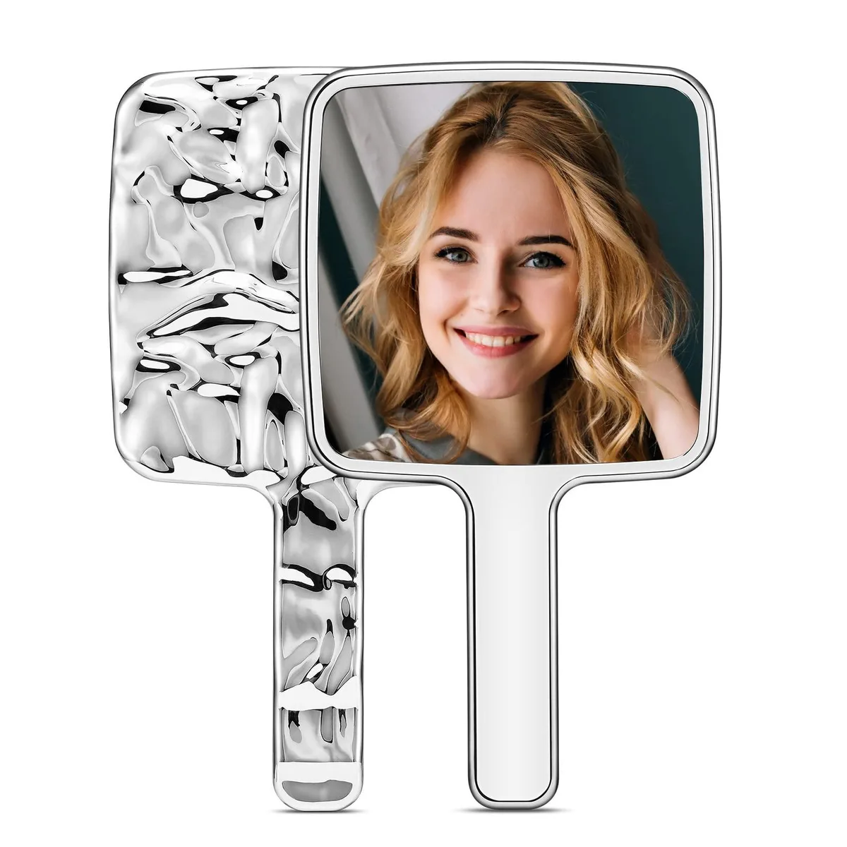 Silver square hand mirror with water ripple back, 5.1 by 9 inches