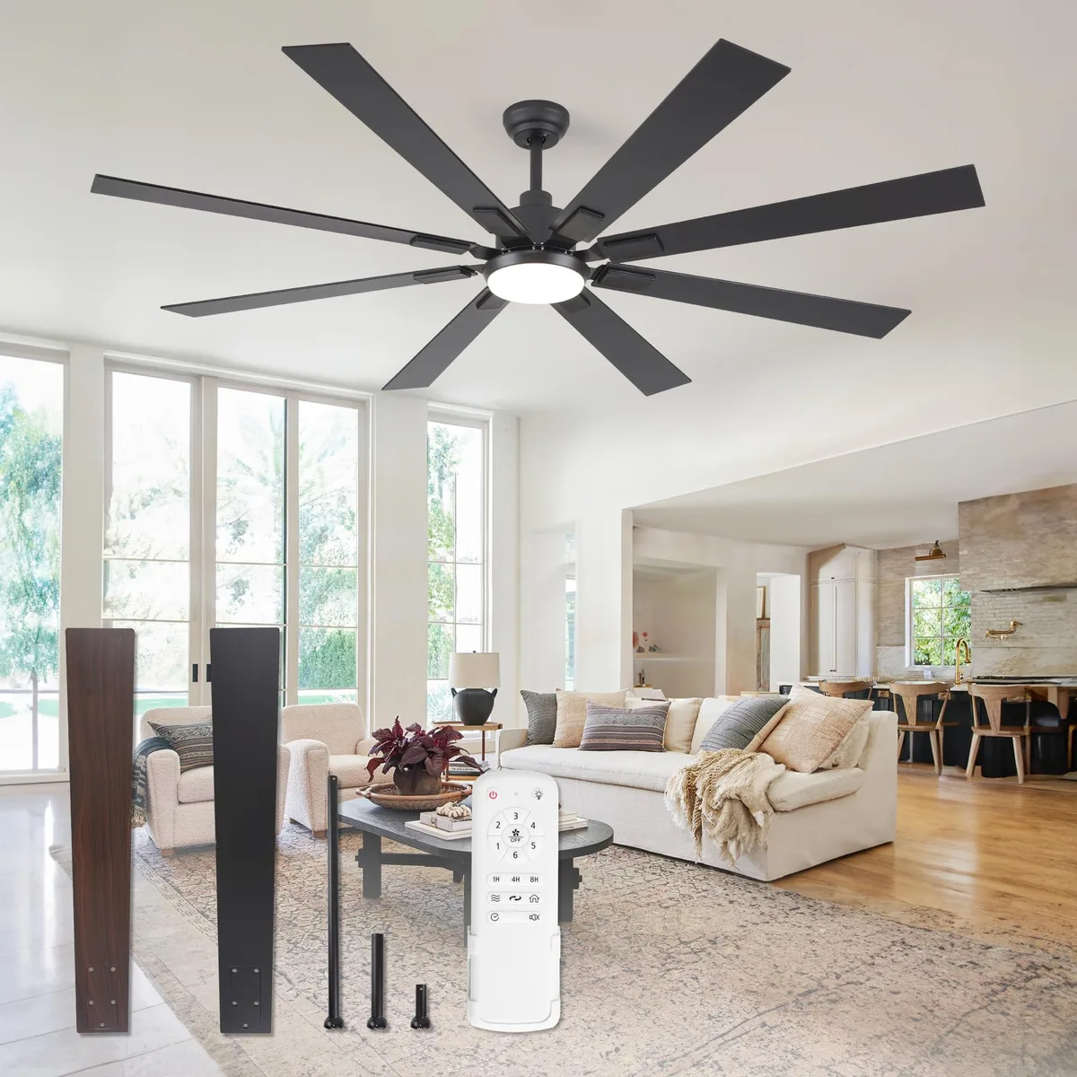 Large 72-inch ceiling fan with eight black and walnut blades, white acrylic light shade and remote control