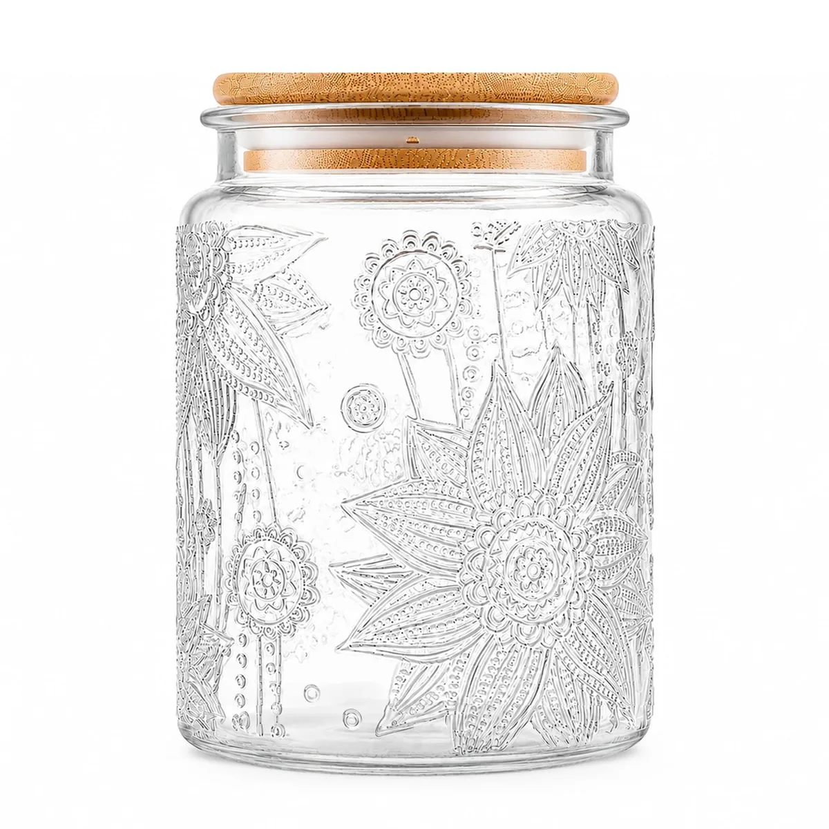 Clear glass jar with raised sunflower pattern and natural bamboo lid, 5.51 inches tall