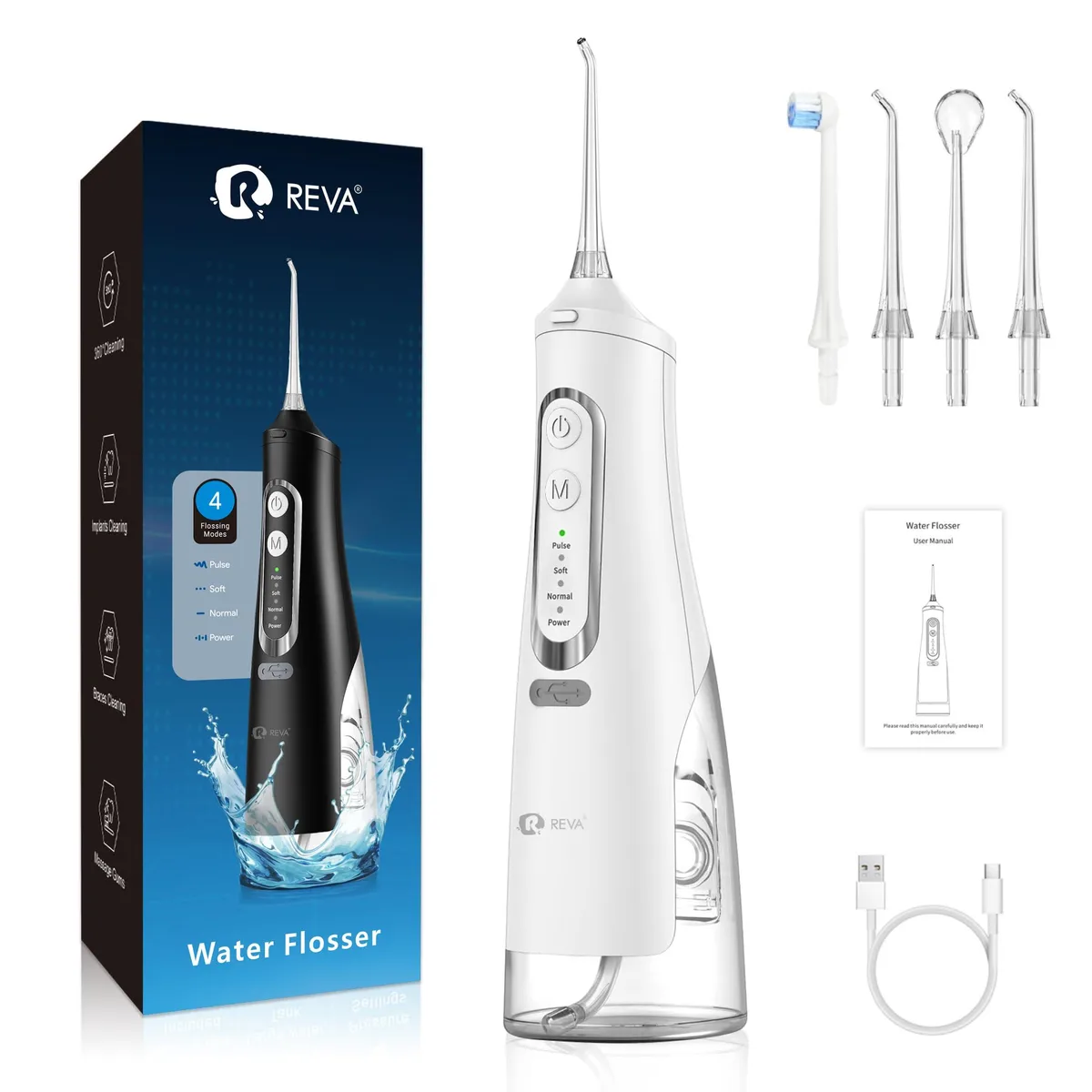 White cordless water flosser with detachable 310ml tank and 360° rotating nozzle