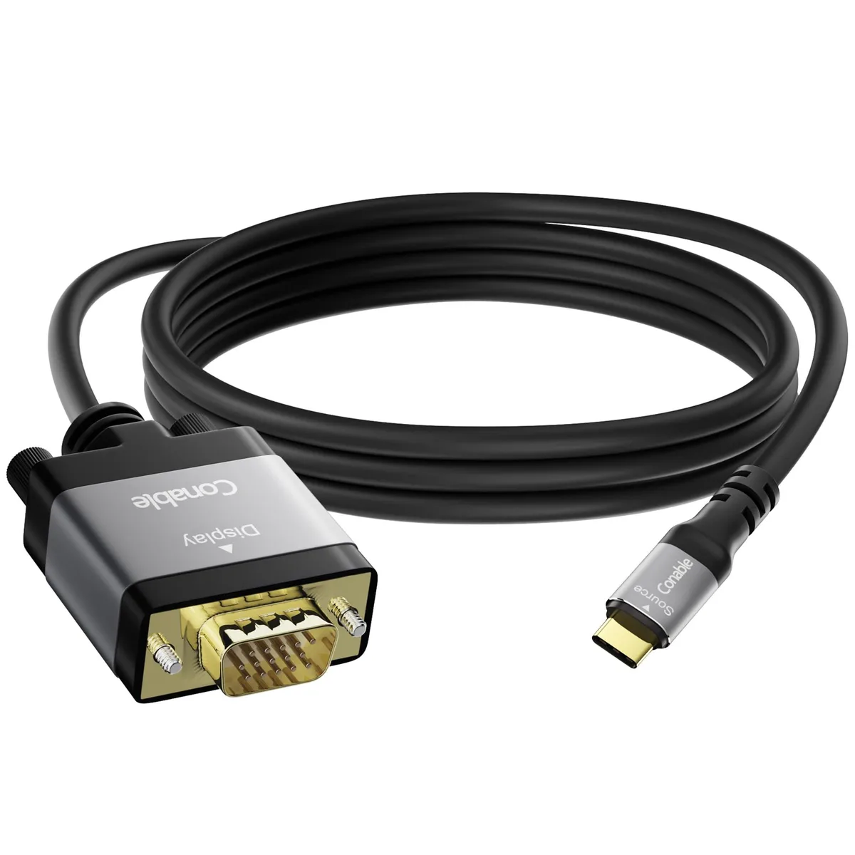 Black USB-C to VGA cable with gold connectors and aluminium shells