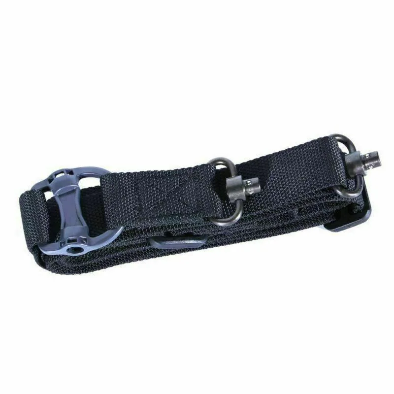 Black nylon rifle sling, 65 inch length, 1.2 inch wide strap, quick-detach push buttons