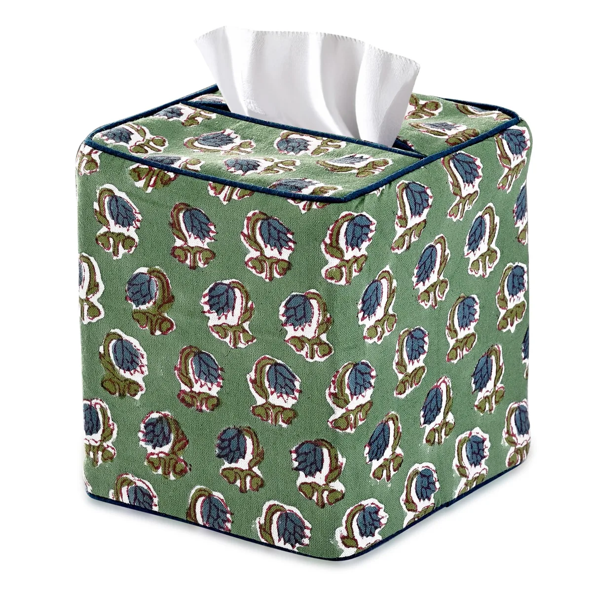 Square tissue box cover in basil green block-printed cotton fabric