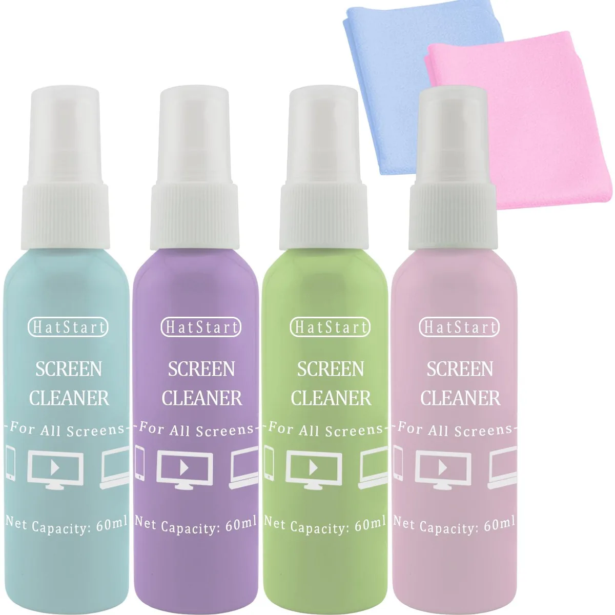 Four blue spray bottles with integrated microfiber cloths and two separate cloths