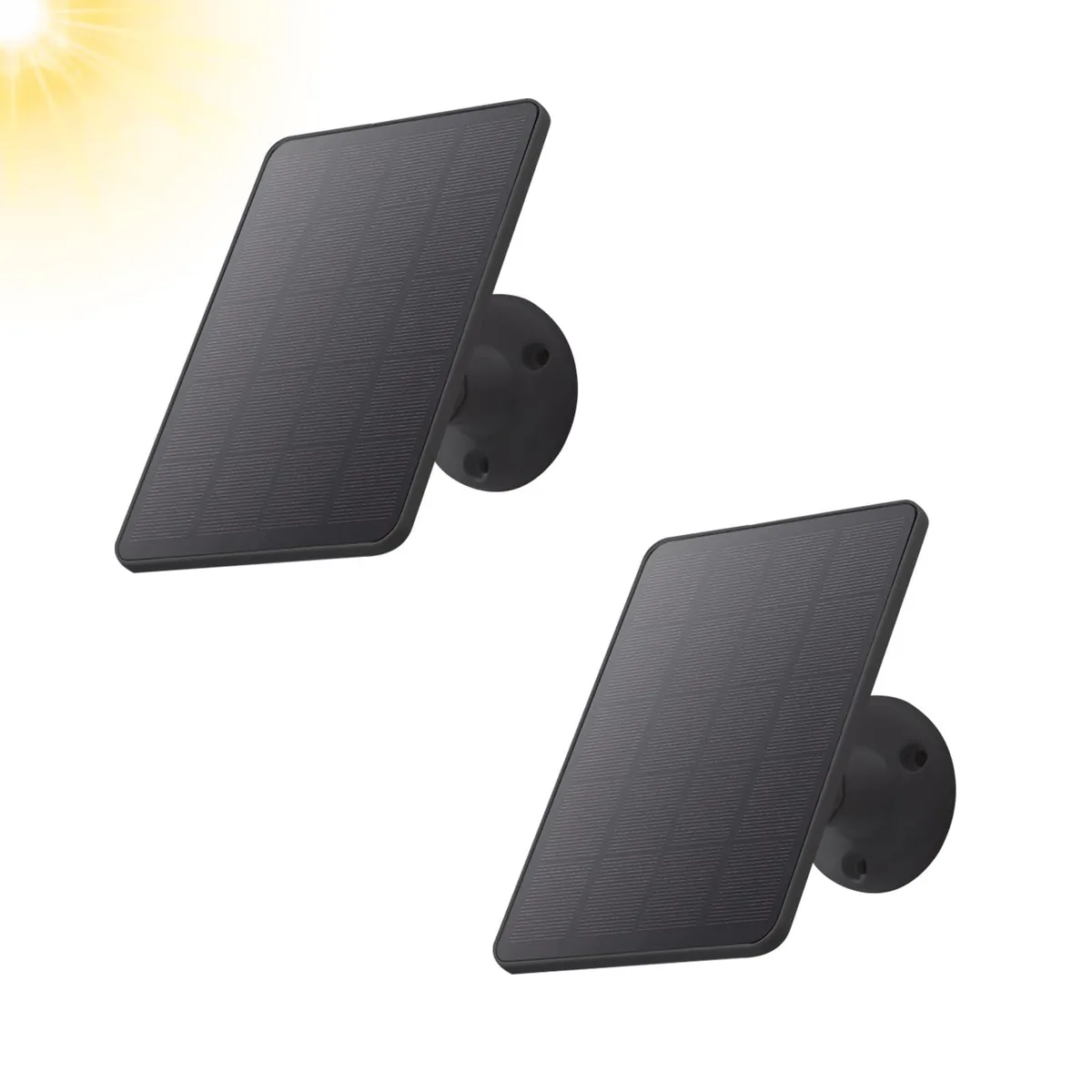 Two black rectangular solar panels with adjustable wall mounts and long cables