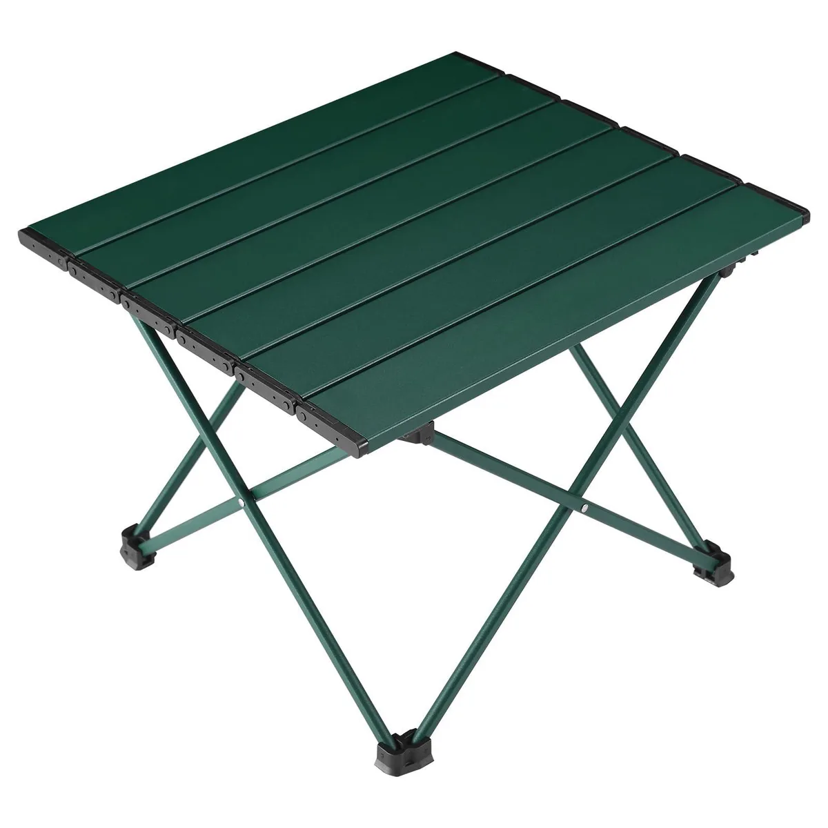 Small folded aluminium camping table in blackish green with carry bag
