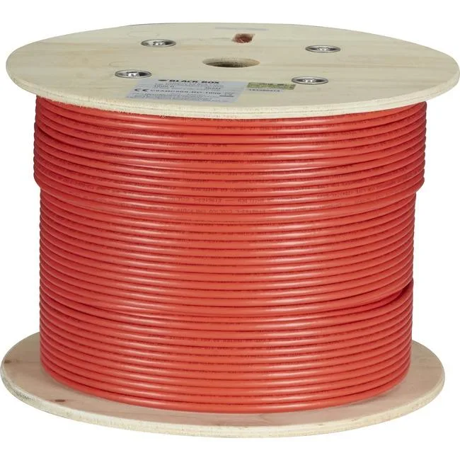 Red Cat6a S/FTP bulk cable on wooden spool