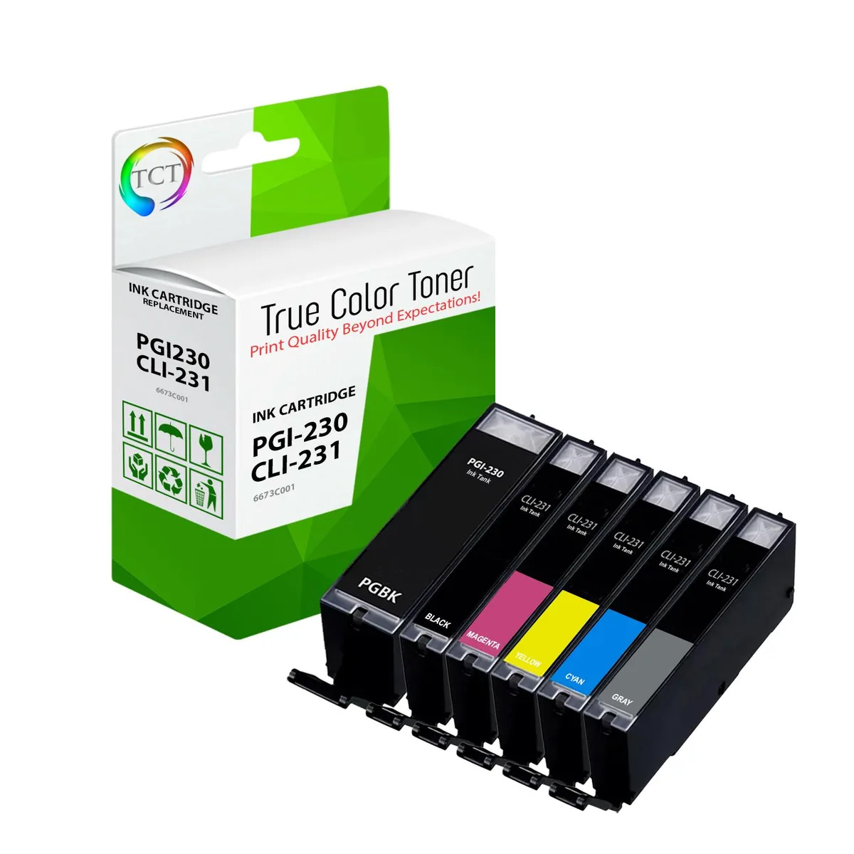 Six ink cartridges in a rectangular box, multicoloured labels