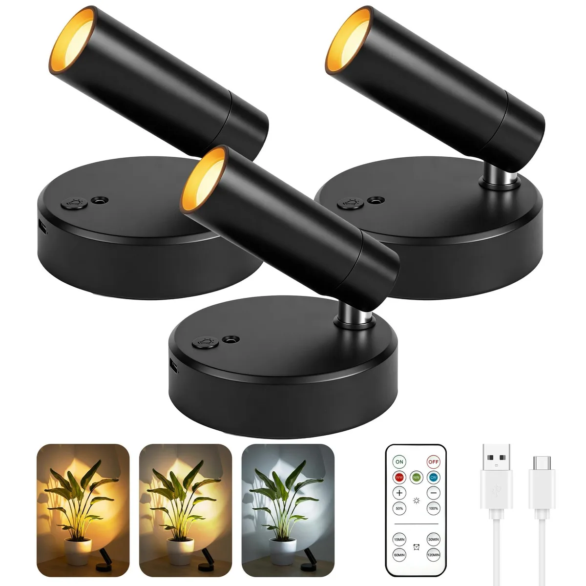 Three small white acrylic spotlights with magnetic bases and remote control