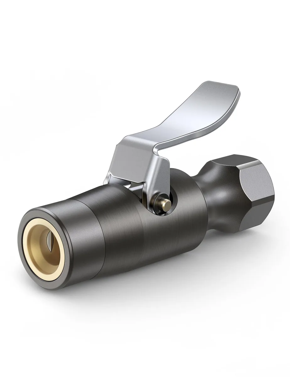 Black metal air chuck with double-jaw lock and clip, closed-flow design