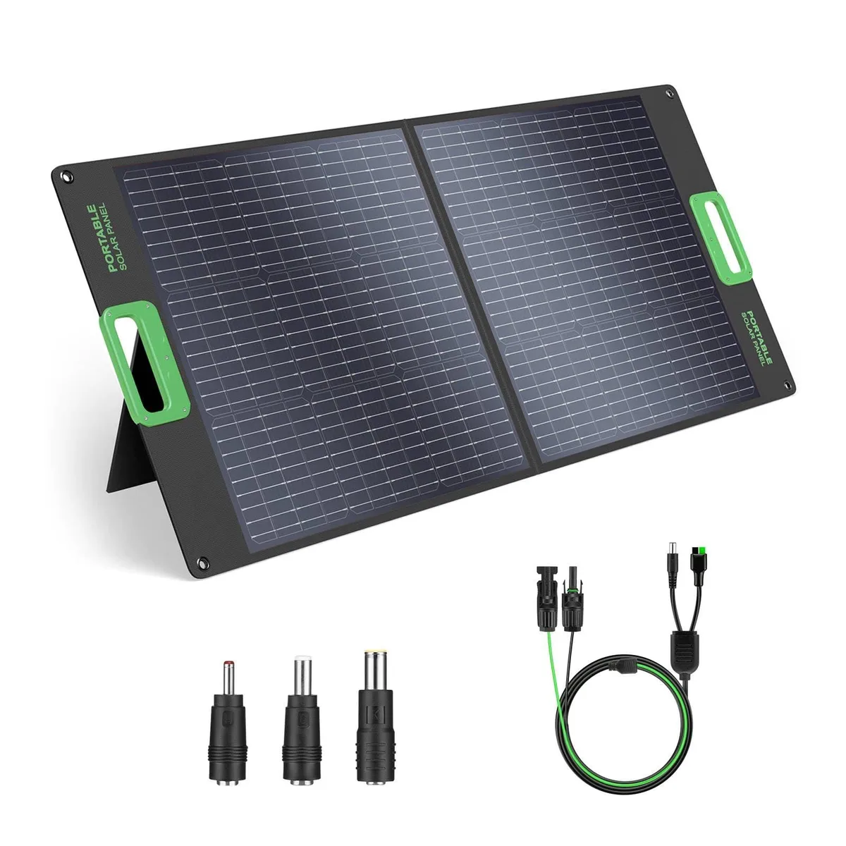 Black foldable solar panel briefcase with kickstands and zippered pouch