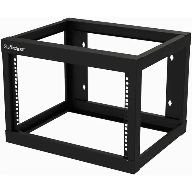 Black open-frame 6U wall-mount rack, two vertical steel posts with mounting holes