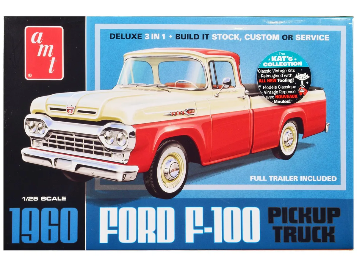 AMT AMT AMT1407 1/25 Scale 1960 Ford F-100 Pickup with Trailer 3-in-1 Model Kit — product photo