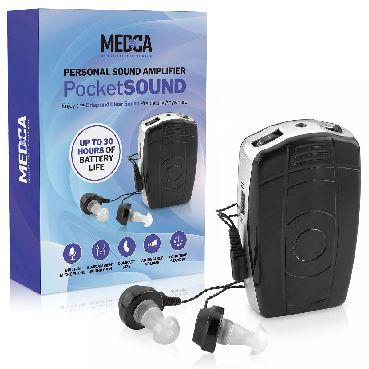 MEDca digital sound amplifier with mono and stereo earbuds and belt clip