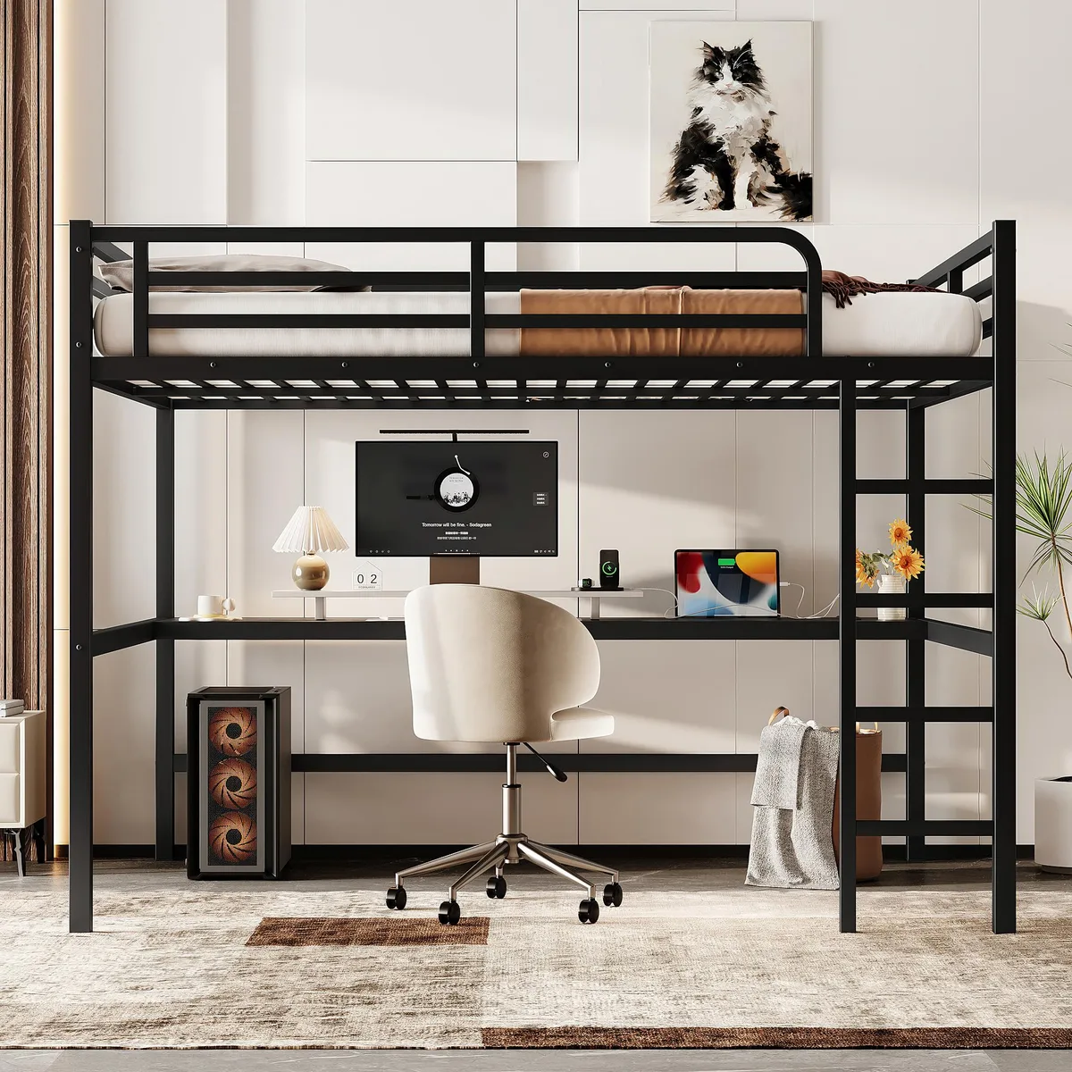 Black metal queen loft bed with desk, LED lights and power outlet