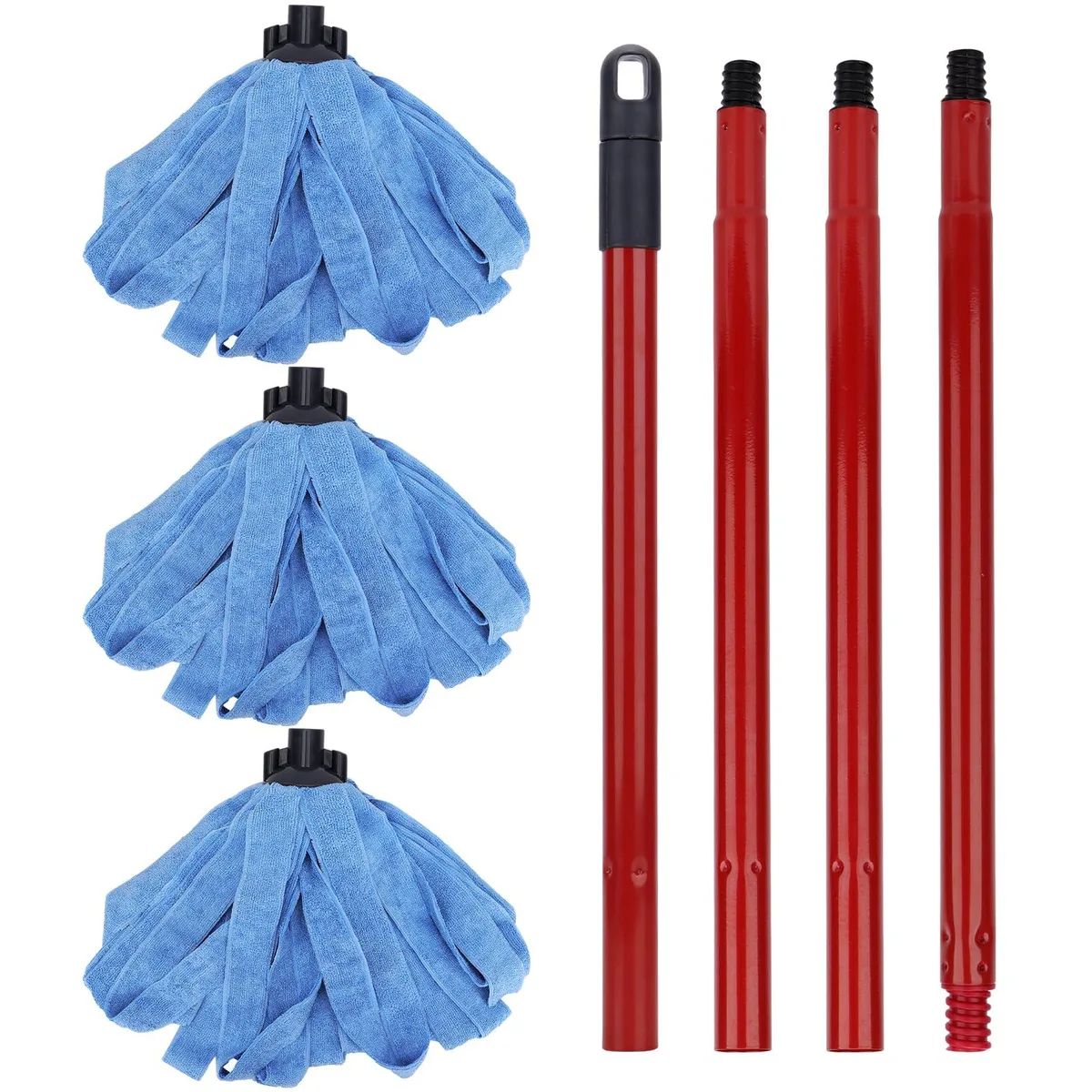 Black mop handle with three blue microfiber cloth heads attached