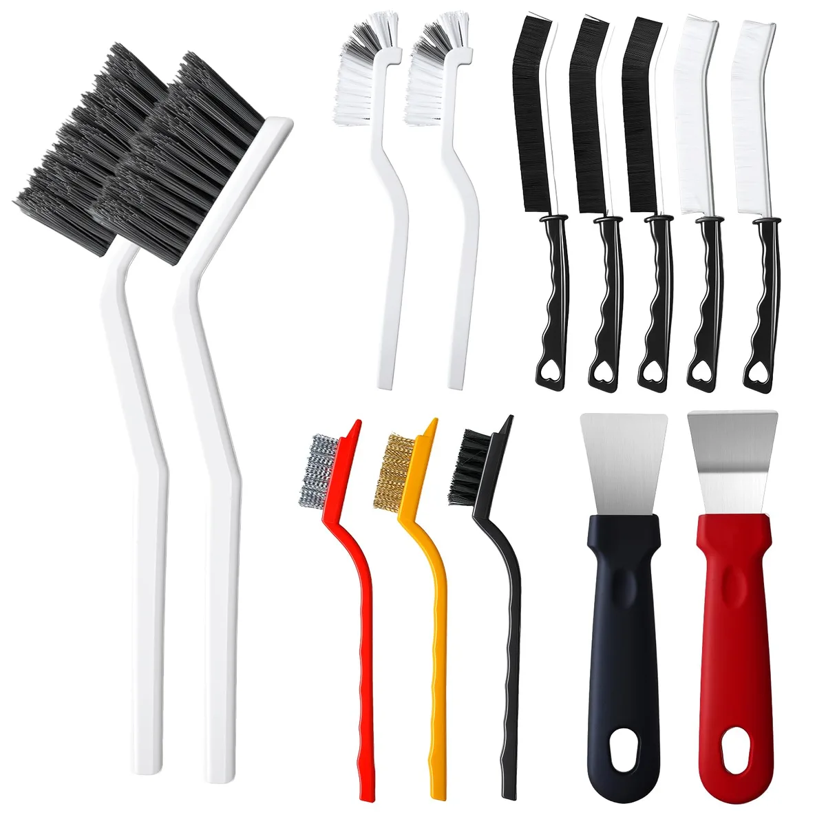 Fourteen assorted cleaning brushes in a rectangular pack, mixed bristle types and shapes including V-shaped, triangle and wire brushes