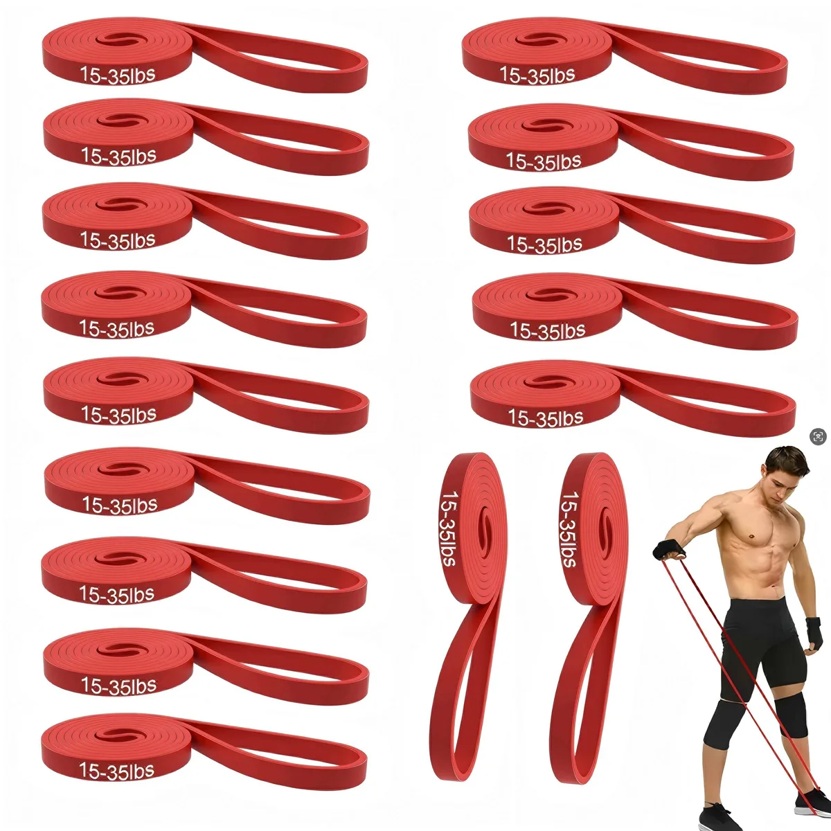 Red resistance band set with sixteen pieces ranging from fifteen to thirty-five pounds
