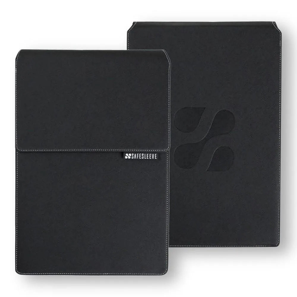 Black folio-style laptop case with fold-over flap and integrated mouse pad surface