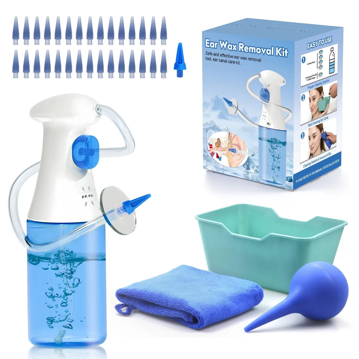 Blue ear irrigation bottle with basin, bulb and multiple nozzles
