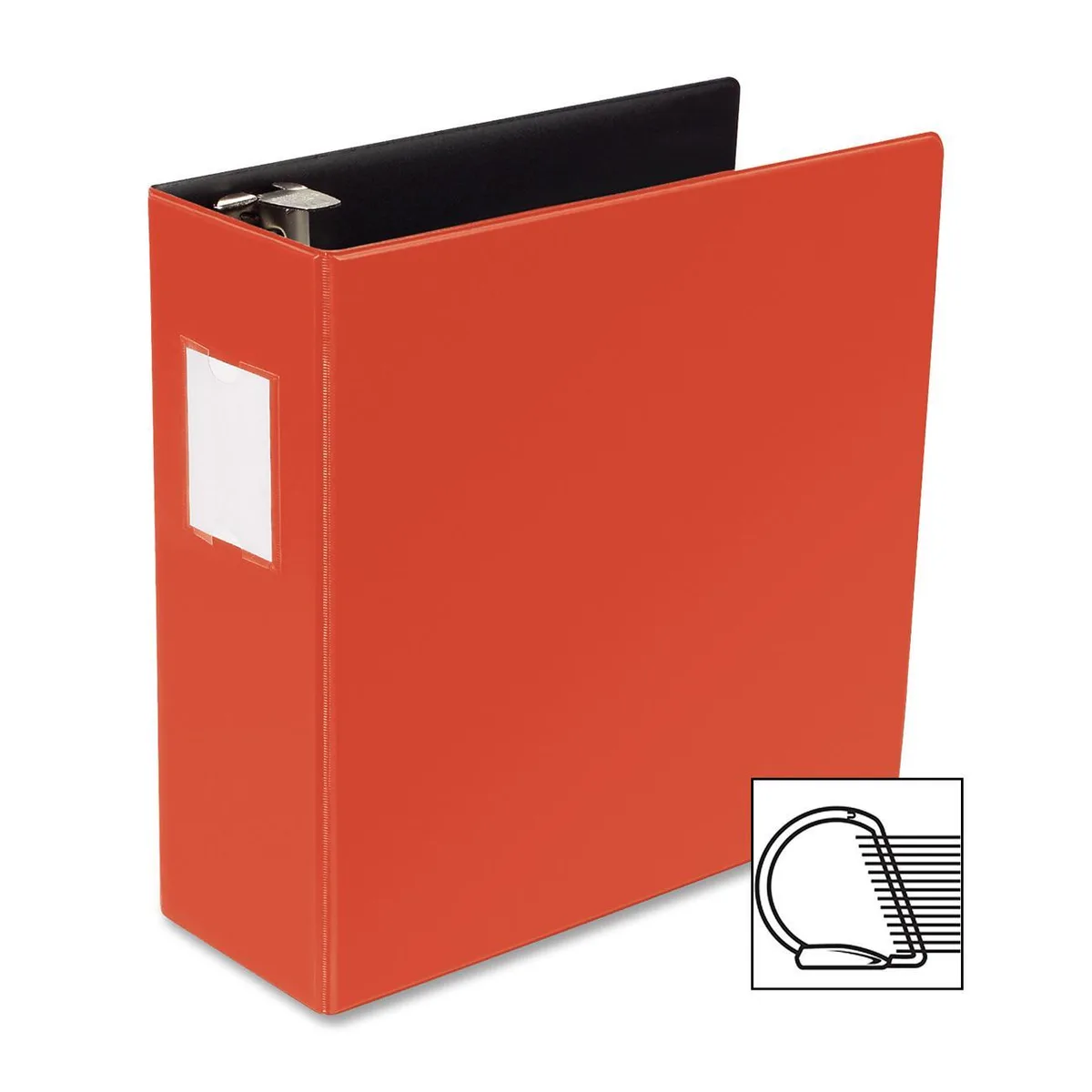 Red D-ring binder with label holder and chipboard polypropylene finish