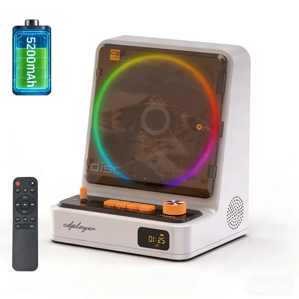 Portable Bluetooth 5.3 CD Player White 5200mAh Dual Speakers — product photo