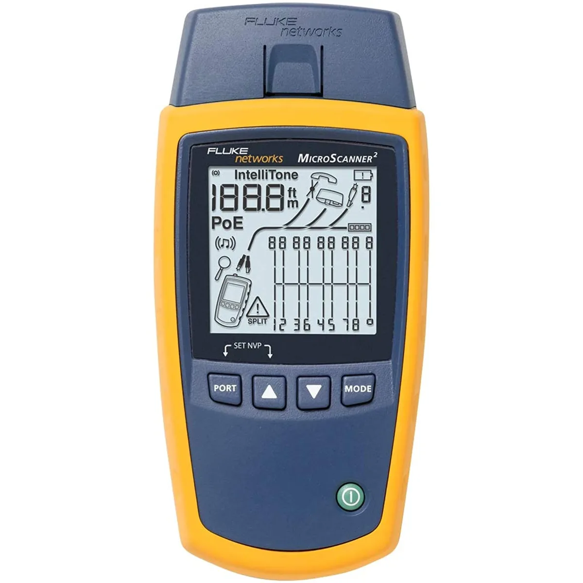 Yellow handheld cable verifier with oversized backlit LCD screen, integrated RJ11 RJ45 and coax ports