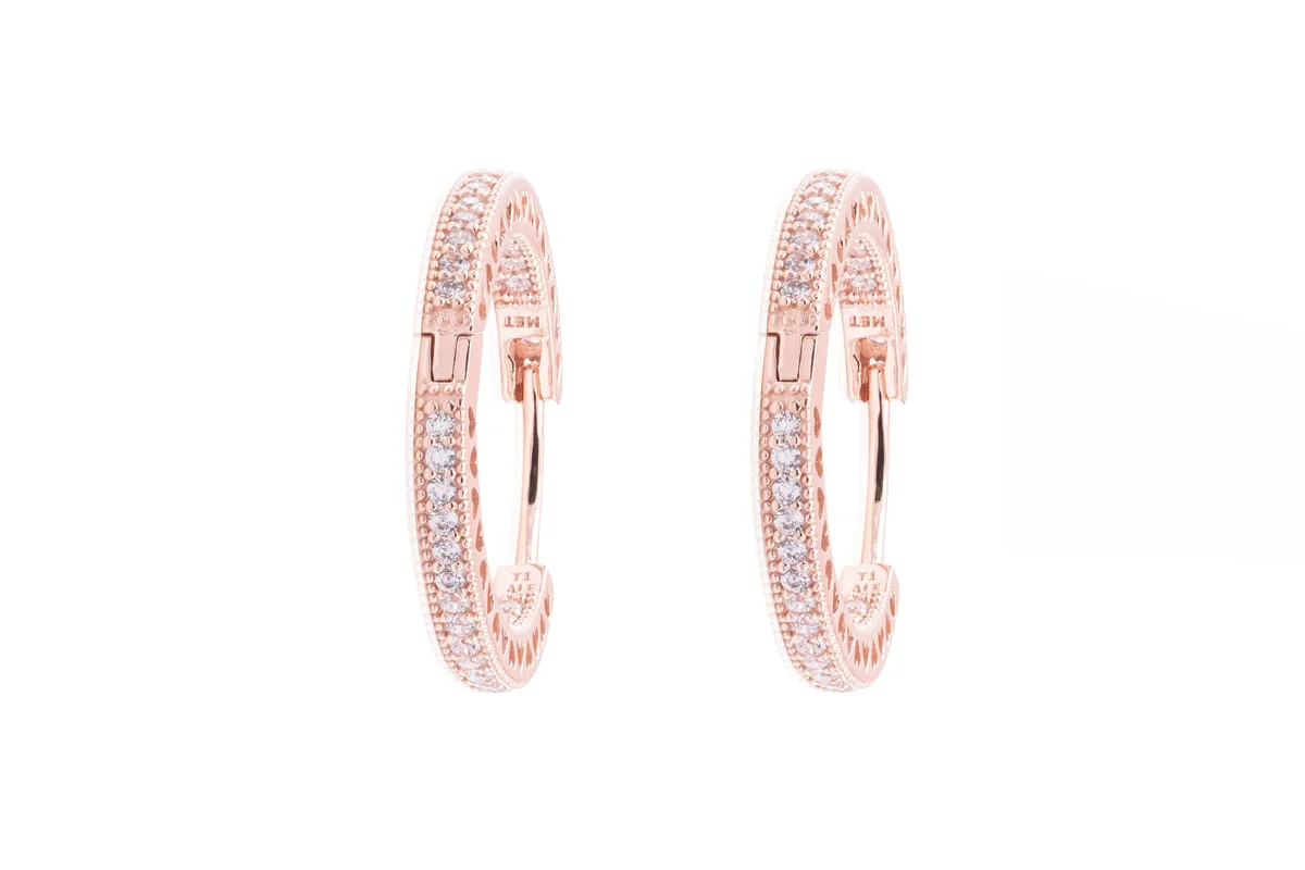 Pair of rose gold hoop earrings with clear cubic zirconia and cut-out hearts, 20 mm diameter
