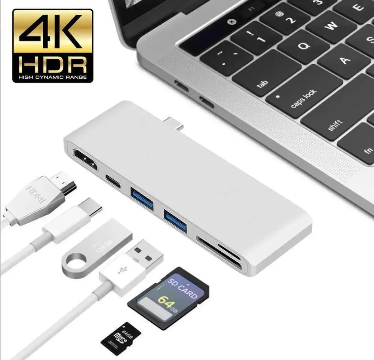 Silver 6-in-1 USB-C hub with HDMI, dual USB 3.0 ports, SD and MicroSD slots, and PD charging port