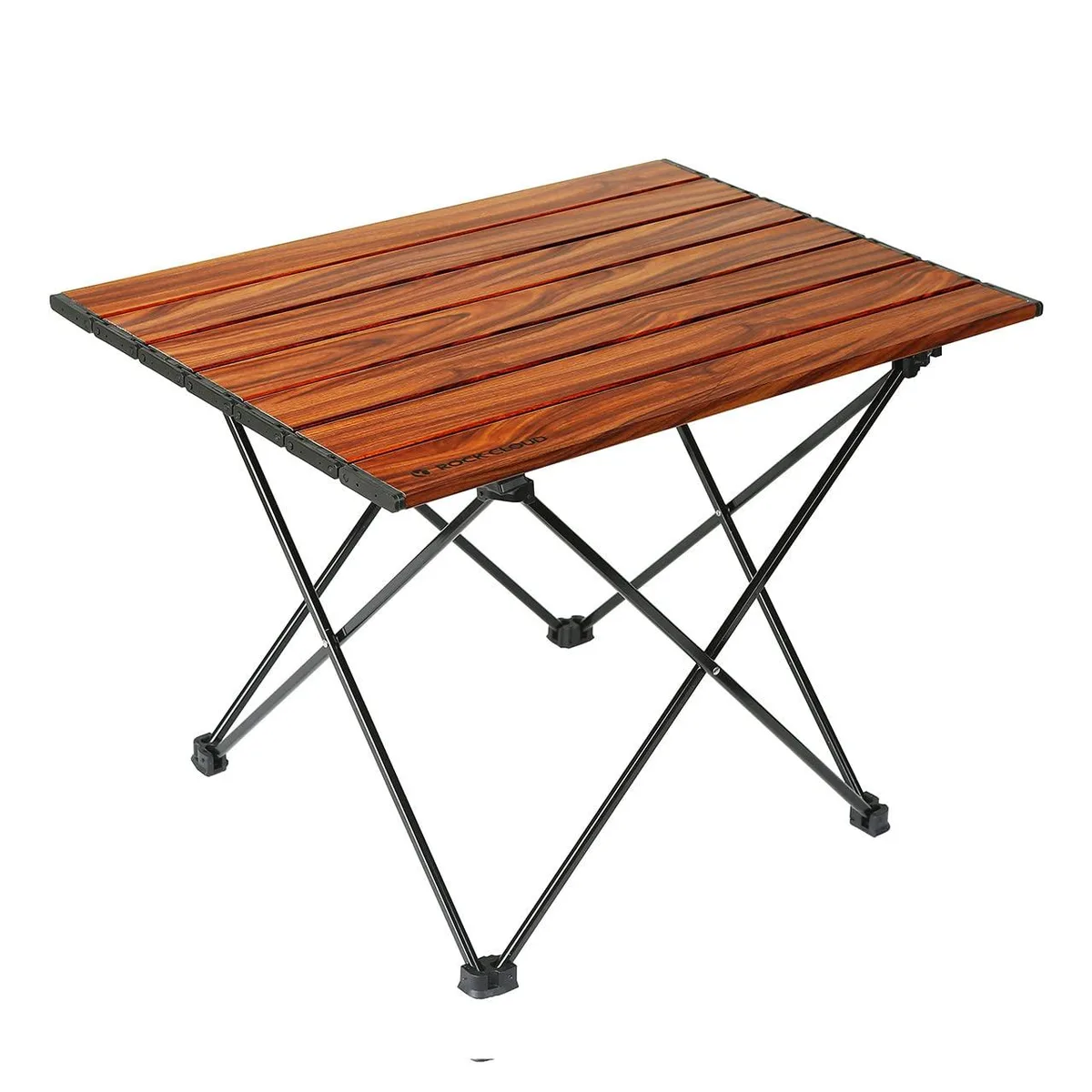Compact black folding table with aluminum frame and nylon-hinged top, shown folded flat with carry bag