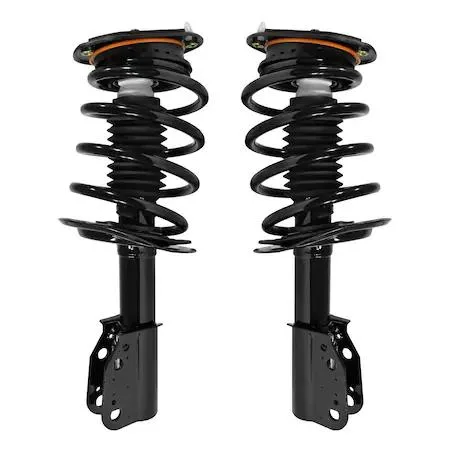 Pair of silver metal front strut assemblies with coiled springs and top mounts