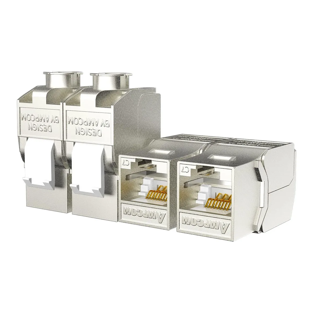 Ten shielded keystone jacks with metal housings and tool-free caps
