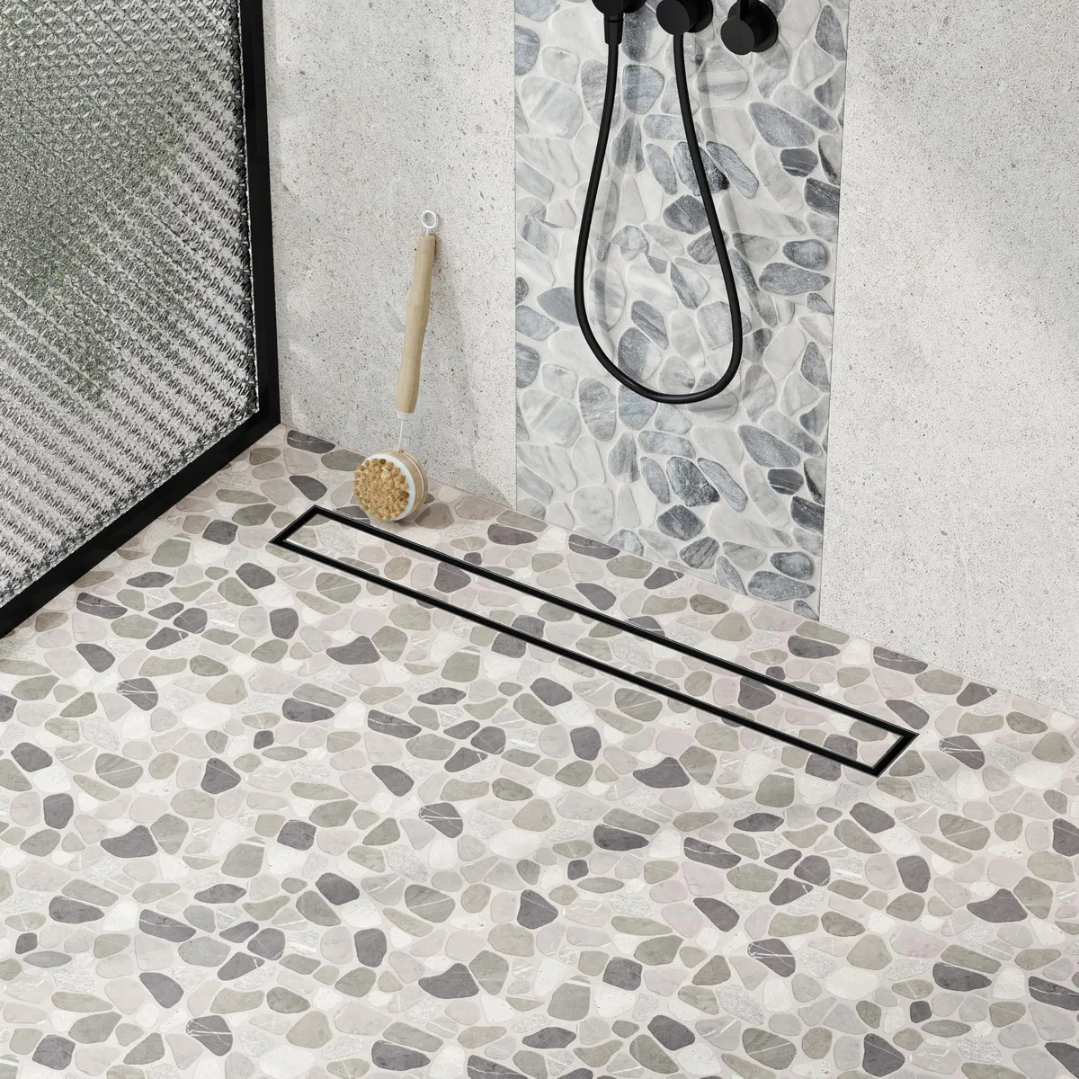 Matte black linear shower drain with tile insert grate, 24 inch length, 12 pack
