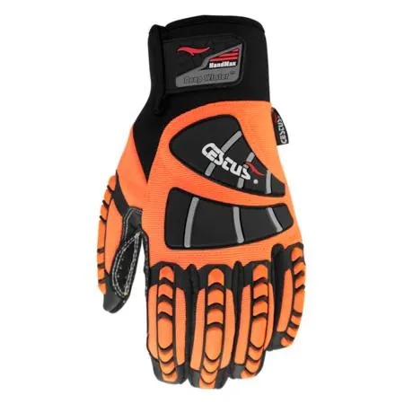 XL winter impact gloves in dark fabric with reinforced palm and knuckle guards, long adjustable cuff